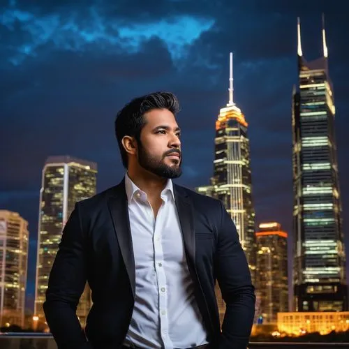 Architecture photography class, professional photographer, 30s male, holding DSLR camera, wearing black jeans, white shirt, black blazer, standing in front of a modern skyscraper, urban cityscape, blu