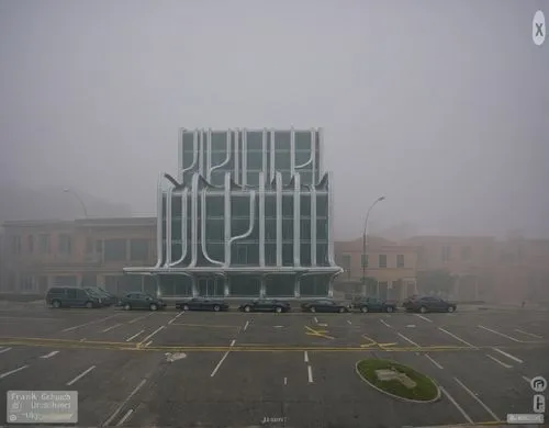 an image of a building in the fog,bicocca,cancer fog,nebbia,hejduk,niebla,veil fog,Photography,Documentary Photography,Documentary Photography 38