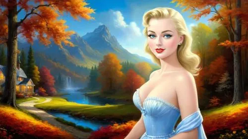 Romantic masterpiece oil painting, cute girl portrait, nostalgic 1950's style kitsch, breathtaking beautiful landscape, majestic natural Autumn scenery, warm evening lighting, highly detailed, high re