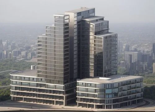 aerial view,distant shot,office building mid rise,commercial building complex,Curved style,,stretch metal facad composition,
Futuristic style,norman foster style,,modern facade,vertical frame,streets,