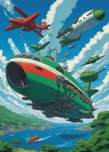 airships,air ship,airship,zeppelins,graf-zepplin,studio ghibli,ufo intercept,space ships,elves flight,flying boat,tank ship,starship,flying machine,ufos,ufo,vulcania,alien ship,seaplane,air transport,cargo plane,Illustration,Japanese style,Japanese Style 14