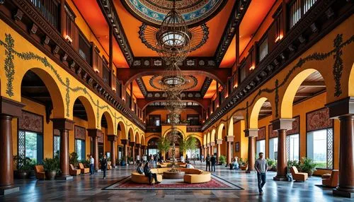 Vibrant cultural fusion building, traditional ornamentation, bold color scheme, contrasting textures, intricate patterns, Islamic-inspired arches, ornate domes, rich wood accents, ornamental metalwork