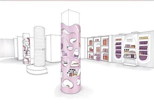 Beauty cosmetics pop-up store design,cosmetics counter,expocosmetics,pills dispenser,cosmetic products,vending machines,vending machine,product display,cd/dvd organizer,room divider,commercial packagi