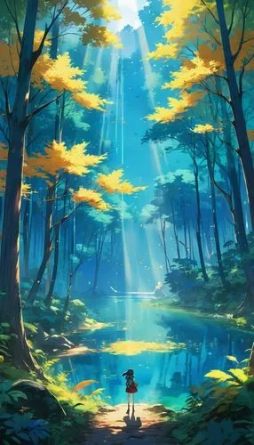 forest of dreams,forest,forest lake,fairy forest,the forest,dream world,forest background,ghibli,holy forest,dreamscape,wander,forest landscape,forest glade,exploration,fairy world,forest walk,landscape background,discovering,heavenward,underwater background,Illustration,Japanese style,Japanese Style 03