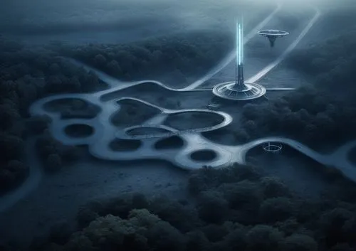 aerial landscape,energy field,silmarils,futuristic landscape,wind turbines in the fog,ring fog,lorien,virtual landscape,flightpath,cloudland,ground fog,beamforming,tron,geoglyphs,cloudsplitter,spirit network,ithilien,gondolin,labyrinths,ringworld,Conceptual Art,Sci-Fi,Sci-Fi 25