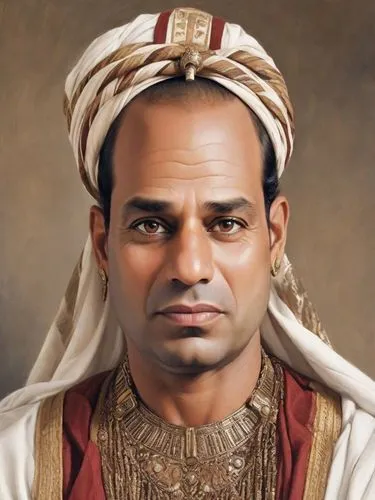 The intricate details of a unique portrait depict a majestic North African man with piercing eyes and muscular arms and he has a rugged demeanor. The painting is an intricate and captivating piece tha