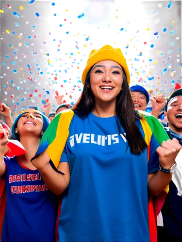 excited crowd, people cheering, clapping hands, smiling faces, arms raised, fists pumping, colorful clothing, casual wear, sports jerseys, hats, flags waving, confetti falling, spotlight shining, dyna