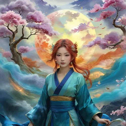 japanese art,asian art painting with a woman in the moon,chuseok,sanxia,hanbok,rongfeng,xiaojian,jianyin,Illustration,Realistic Fantasy,Realistic Fantasy 01