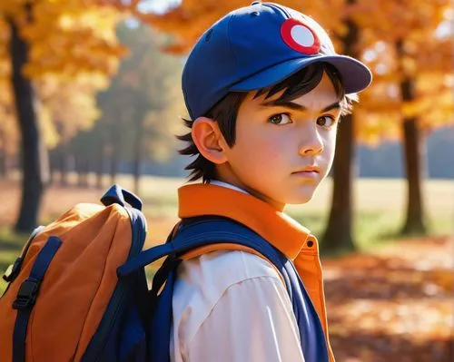 Ash Ketchum, young boy, determined facial expression, blue vest, white shirt, orange gloves, brown backpack, Poké Balls attached, standing, scenic route, trees with autumn leaves, clear blue sky, warm