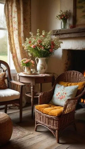 Cozy cottage, vintage furniture, floral patterned armchair, soft cushions, lace curtains, wooden coffee table, porcelain vase, fresh flowers, rustic stone fireplace, woven basket, plush area rug, warm