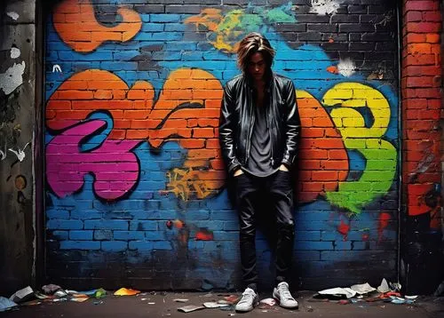 graffiti wall, dirty alleyway, urban decay, dark mood, mysterious atmosphere, dim lighting, worn-out sneakers, ripped jeans, black leather jacket, messy hair, bold brushstrokes, vibrant colors, abstra