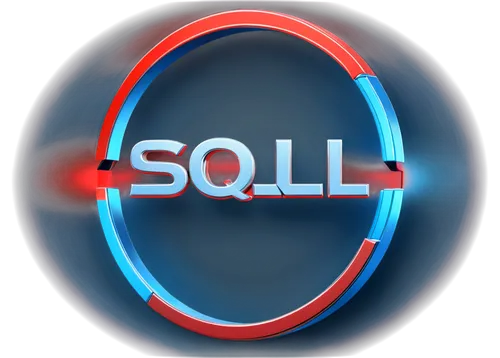 SQL programming logo, digital icon, blue and red colors, stylized letters, 3D effect, metallic texture, chrome finish, circular shape, centered composition, dramatic lighting, high contrast, detailed 