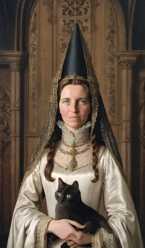 (portrait of a noble woman in 15th century medieval dress holding a one dark grey cat in her arms: 1,5), (on the woman's head there is a narrow and high Gothic cone with veil: 1,5), (a veil hangs from