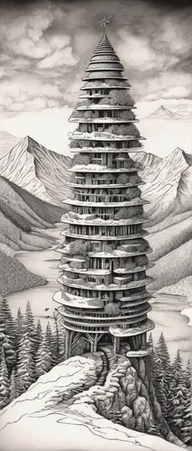 stone pagoda,cool woodblock images,tower of babel,pagoda,stupa,yi sun sin,stone palace,chinese architecture,russian pyramid,chinese art,hwachae,yuanyang,mountain scene,khokhloma painting,stone tower,panokseon,mongolia mnt,khlui,5 dragon peak,asian architecture,Illustration,Black and White,Black and White 11