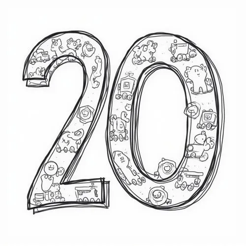 Create the number twenty ('20') with a bold outline. The design includes the '2' and '0'. Inside the '0', which is a circular shape, place up to 5 small, proportional toy images such as small trains, 