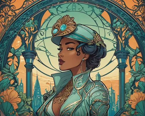 art nouveau,art nouveau design,tiana,mucha,rosa ' amber cover,digital illustration,cleopatra,jasmine,art nouveau frame,victorian lady,lily of the nile,fantasy portrait,frame illustration,victorian,priestess,flora,queen anne,zodiac sign libra,tarot,oracle,Illustration,Retro,Retro 13