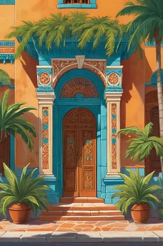 portal,palmilla,greek island door,entrada,puertas,mediterranean,casa,colorful facade,front door,travel poster,cabana,sicilian,blue doors,puerta,hacienda,casitas,portofino,defense,jerba,digital painting,Illustration,American Style,American Style 13