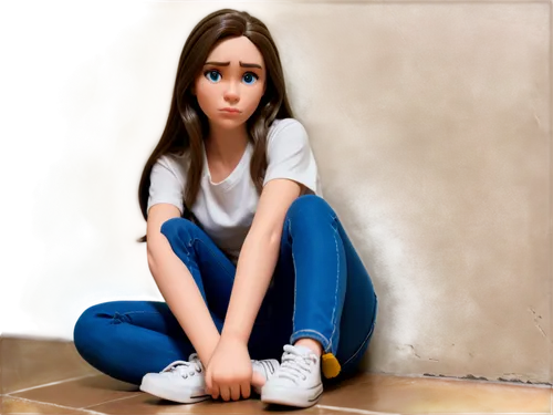 girl sitting,worried girl,girl in a long,female doll,amination,cute cartoon image,depressed woman,girl with speech bubble,young girl,girl in t-shirt,derivable,girl praying,alone,mutism,anorexia,doll figure,sadaf,elif,andelin,pixton,Unique,3D,Clay