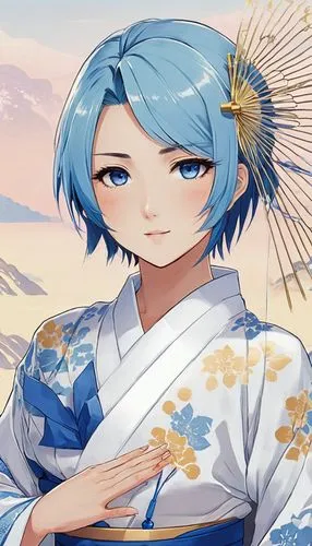 Style: Yaoi/Shounen-Ai
Color Palette: Soft blues and whites
Description: Yuna is a gentle and reserved heroine, with short, spiky blue hair and shining blue eyes that seem to hold deep emotions within