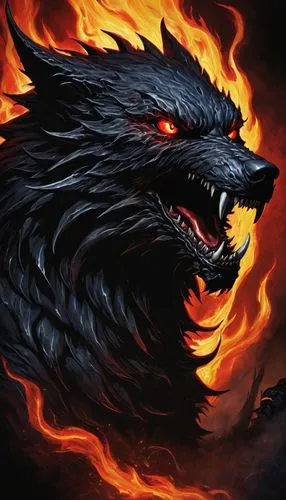 Hellhound logo, demonic creature, hellish red eyes, sharp teeth, black fur, spiked collar, metal tag, flames, smoke, dark background, detailed textures, high contrast, cinematic lighting, bold composi