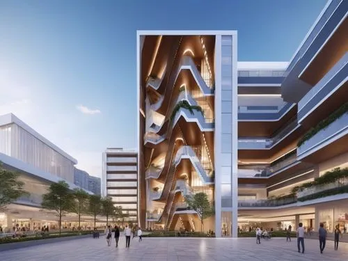 modern plaza oluştur, alt kısmına alışveriş merkezi ekle görseldeki tasarıma uygun,awm bölümünü kamusalolarak açık ve yarı açık mekanlarda oluştur, plaza tasarıma balkonlar ekle,plaza 50 kat civarı ol