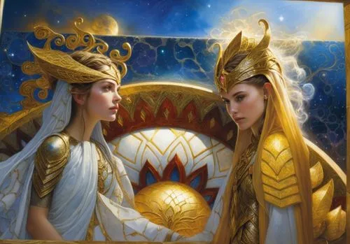 two women dressed up as golden women in gold and white costumes,priestesses,frigga,reinas,elsas,empresses,huaylas,Illustration,Realistic Fantasy,Realistic Fantasy 03