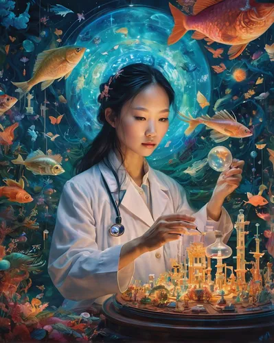 fish-surgeon,biologist,aquarium,sci fiction illustration,aquaculture,world digital painting,han thom,painting technique,aquarium inhabitants,marine scientists,meticulous painting,scientist,白斩鸡,koi,asian vision,underwater background,chemist,aquariums,girl with a dolphin,goldfish,Illustration,Realistic Fantasy,Realistic Fantasy 37