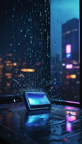 wet smartphone,blue rain,rain on window,rainstorm,raindops,rain bar,desktop computer,laptop,blur office background,cyberpunk,computer screen,rainy,drop of rain,computer art,laptop screen,3d render,tablet computer,in the rain,rain,computer case,Conceptual Art,Graffiti Art,Graffiti Art 12