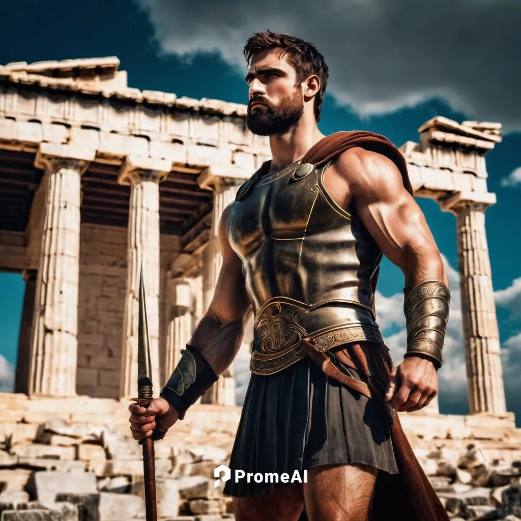 Ancient Greek warrior, muscular man, solo, (30yo), intense gaze, strong jawline, short beard, messy brown hair, bronze armor, leather sandals, holding a spear, standing, ancient Greece, Parthenon, clo