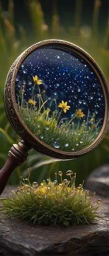 Starry night sky, dew drops on grass, magnifying glass, antique bronze frame, intricate engravings, crystal clear lens, wooden handle, worn out grip, lying on a stone pedestal, surrounded by wildflowe