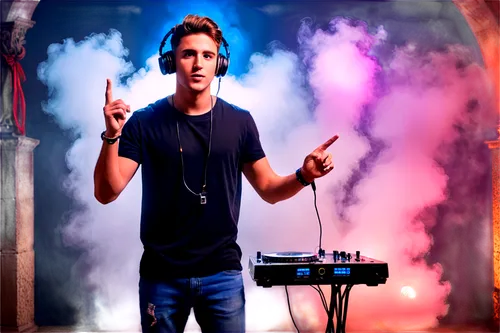 DJ, male, young adult, casual clothes, headphones, microphone, dynamic pose, energetic gesture, colorful lights, fog machine, stage setting, shallow depth of field, high-contrast lighting, cinematic c