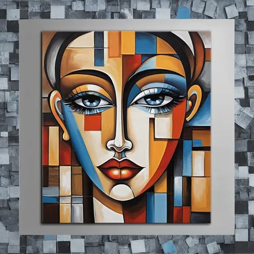 art deco woman,mondrian,art deco frame,art deco,cubism,decorative figure,woman's face,african art,woman face,abstract cartoon art,oil painting on canvas,art painting,decorative art,glass painting,cool