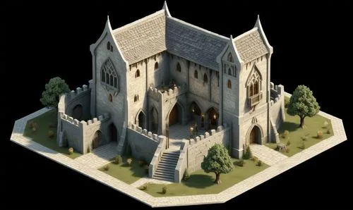 Gondor, barracks, The Ahe of the Ring Style, isometric 3d perspective, transparent background, ,the castle is located in a model,medieval castle,castleguard,castletroy,templar castle,castle keep,raven