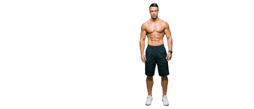 Muscular man, gym trainer, 30s, serious facial expression, short black hair, sweat droplets on forehead, athletic build, strong chest, ripped biceps, six-pack abs, sporty shorts, white sneakers, stand