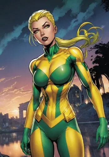 female version of Electro from Marvel Comics. 
yellow and green costume,namorita,siryn,namora,viv,imra,amora,illyana,madelyne,lobdell,superwasp,eldena,jli,giganta,carol,canary,sprint woman,sonika,laur