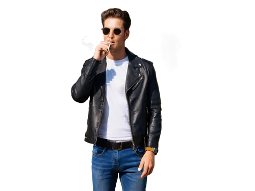 Smoking man, 30s, rugged face, sharp jawline, messy brown hair, aviator sunglasses, leather jacket, white shirt, black jeans, boots, holding cigarette, blowing smoke rings, city street background, aft