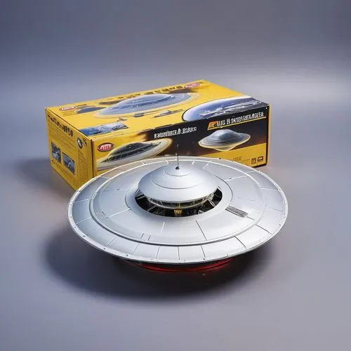 a 1/72 plastic model kit in a box with box art of a aFlying Saucer in silver with flashing lights  in 1/72 from "Airfix" with brand logo,uss voyager,space ship model,saucer,radio-controlled car,car va