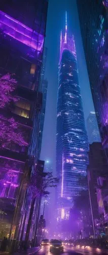 Modern OCI architecture, futuristic skyscraper, sleek glass facade, steel beams, neon lights, nighttime cityscape, bustling streets, blurred car lights, towering high-rise buildings, urban jungle, 3/4