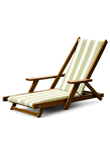 Beach chair, wooden frame, soft cushion, striped fabric, adjustable backrest, beach scene, sunny day, warm light, shallow depth of field, 3/4 composition, relaxed atmosphere, coastal vibe, natural tex