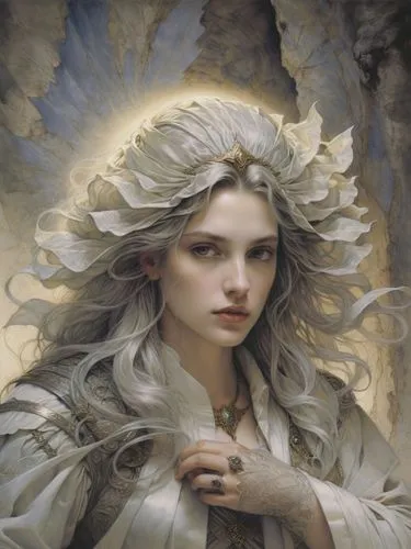 an angel with long white hair in a crown,baroque angel,the angel with the veronica veil,seraphim,galadriel,metatron,angel,Illustration,Realistic Fantasy,Realistic Fantasy 03