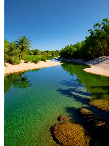 Desert landscape, serene river flowing, sandy dunes, palm trees swaying, clear blue water reflecting sky, rocky riverbanks, lush green vegetation, warm sunny day, low-angle shot, vast panoramic view, 