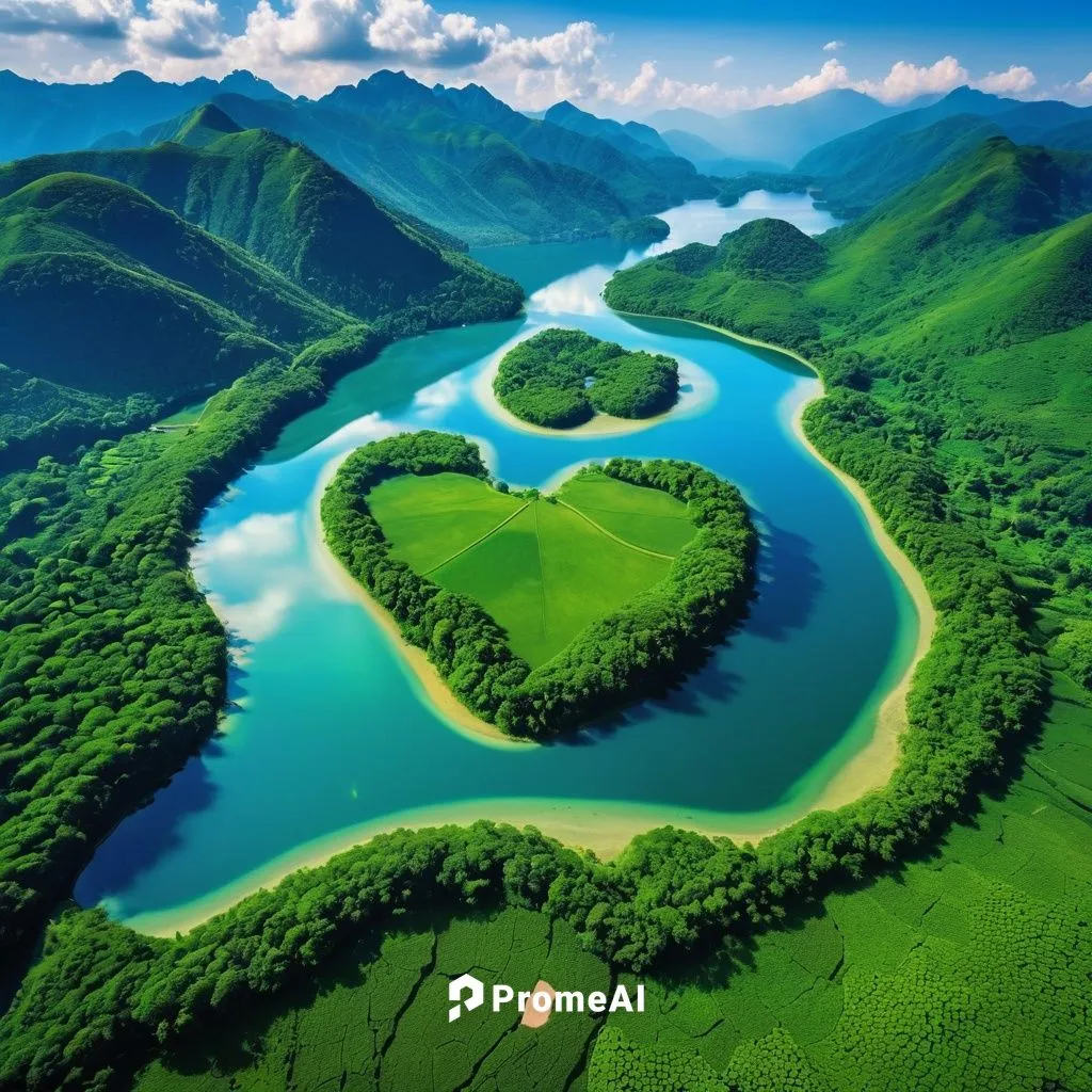 a breathtaking landscape featuring a series of interconnected, heart-shaped lakes nestled within lush, green hills. The lakes should cascade in a perfect line, with the water shimmering under the sunl