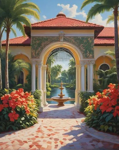 Tropical, modern, luxurious architectural building design, Plantation Florida, Mediterranean Revival style, pastel color scheme, white columns, arched windows, red-tiled roof, lush greenery, palm tree