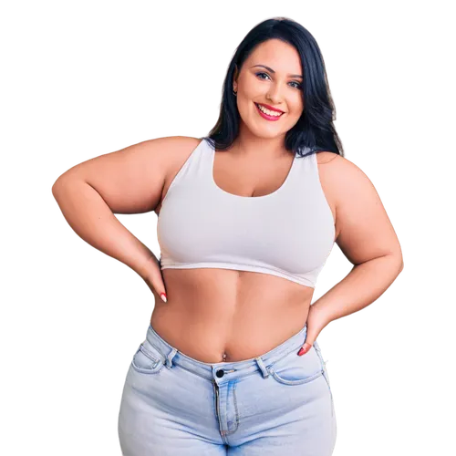 Plus-size woman, curvy figure, big buttocks, voluptuous hips, black hair, bright smile, bold eyeliner, shiny lip gloss, white tank top, high-waisted jeans, belly button piercing, confident pose, hand 