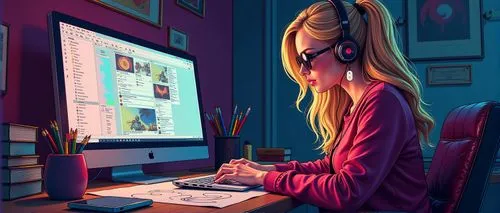 girl at the computer,girl studying,night administrator,secretarial,animator,office worker,Conceptual Art,Fantasy,Fantasy 06