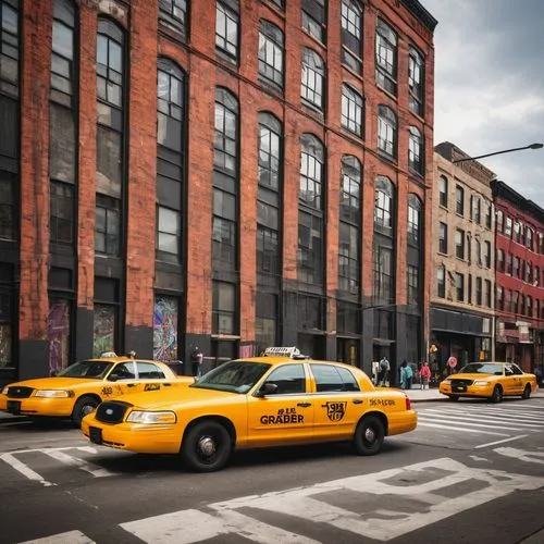 Brooklyn commercial building, modern minimalist exterior, large glass windows, steel frame, geometric shapes, urban atmosphere, daytime, cloudy sky, busy streets, yellow taxi cabs passing by, pedestri