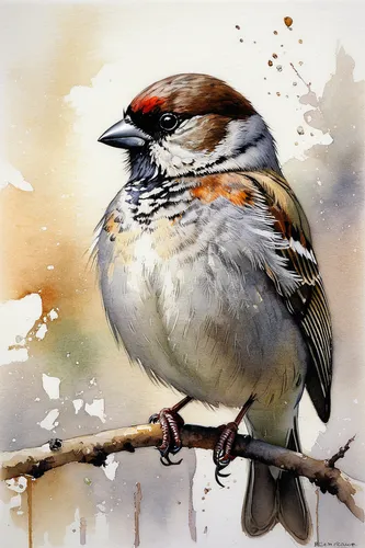 Robert Bateman House Sparrow,american tree sparrow,australian zebra finch,zebra finch,zebra finches,chipping sparrow,redpoll,sparrow bird,lesser redpoll,bird painting,sparrow,chestnut sparrow,watercol