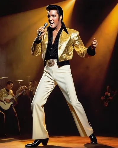 Elvis Presley, 1950s rockstar, iconic hairstyle, thick black sideburns, prominent nose, charismatic smile, flashy gold lamé jacket, white shirt, black pants, shiny black boots, microphone, lively danc