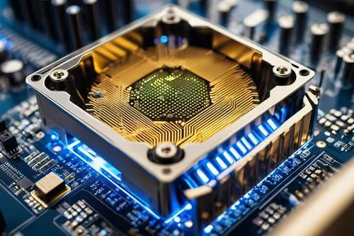 Modern CPU control unit, futuristic computer architecture, sleek metal casing, intricate circuitry, glowing blue LED lights, transparent glass window, rotating cooling fans, motherboard with golden co