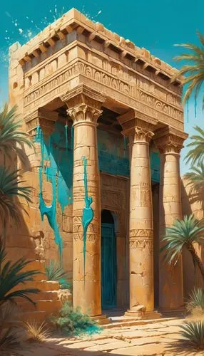 Ancient Nubian architecture, sandy beige stone walls, intricately carved hieroglyphics, ornate columns, majestic pyramidal structures, vibrant turquoise accents, intricate mosaic patterns, golden sunl